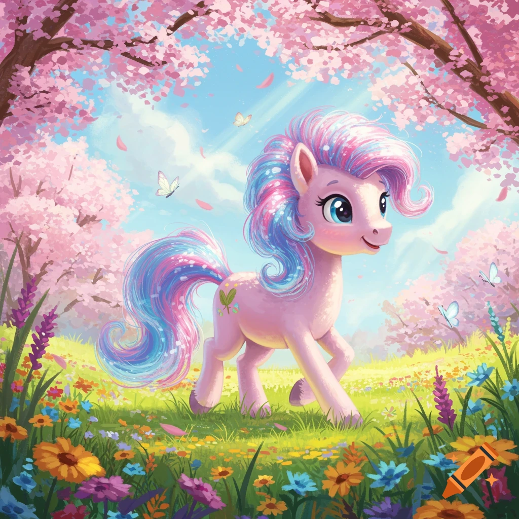 A pink cartoon pony with a colorful mane and tail stands in a field of vibrant flowers under cherry blossom trees with butterflies.
