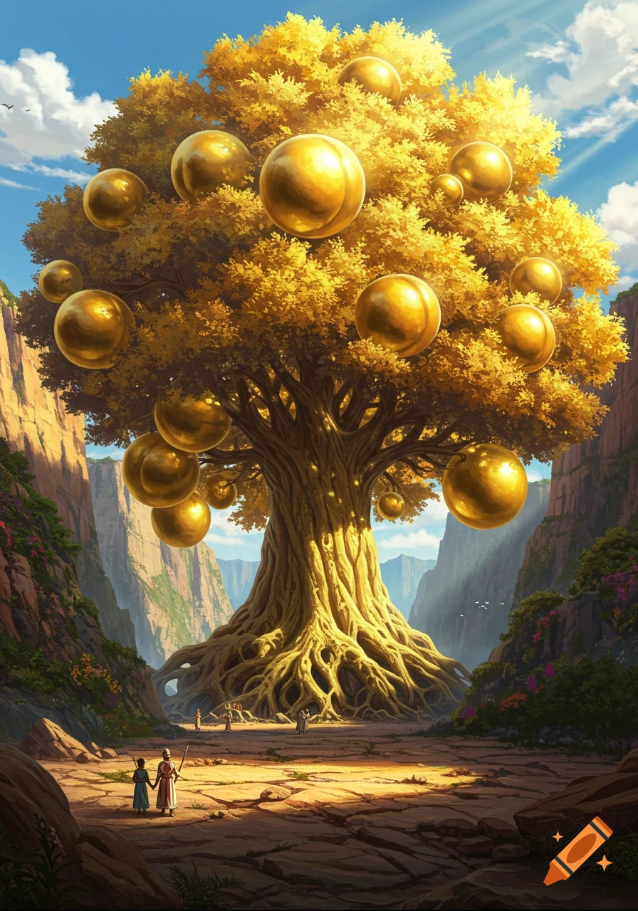 A massive golden tree with huge golden peach-like fruits stands in a sunlit canyon with two small figures in the foreground.