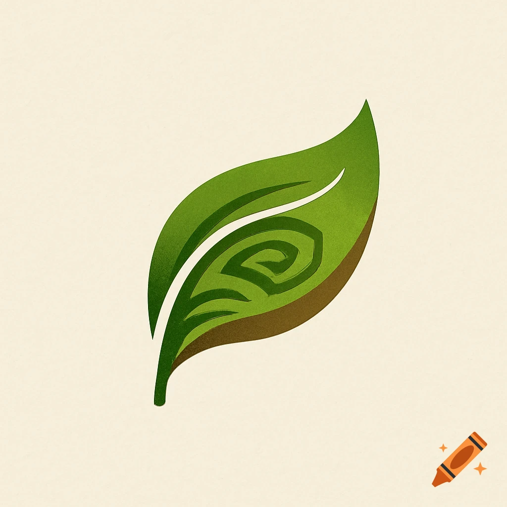 A stylized green leaf logo with a swirling pattern on a light background.
