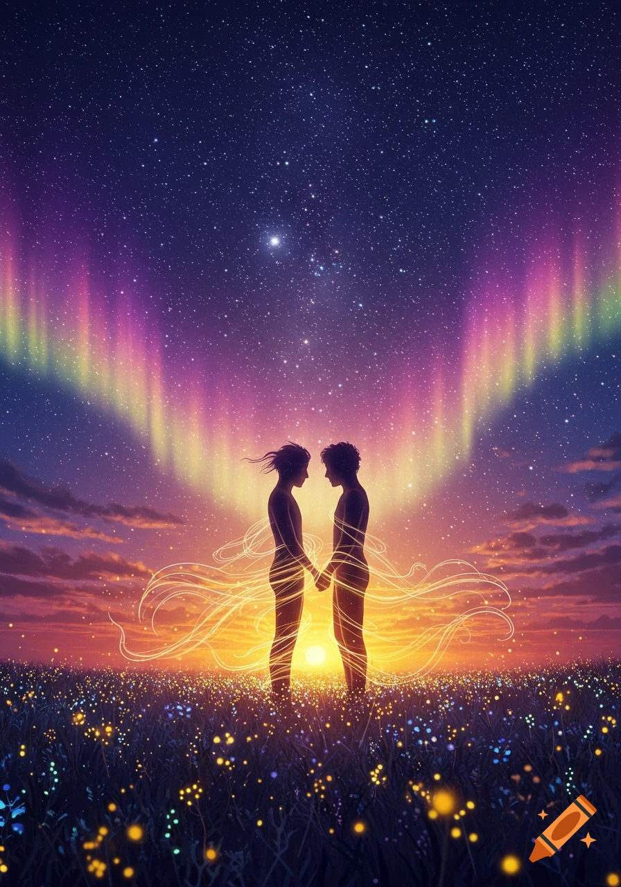 A man and woman hold hands in silhouette against a vibrant sunset and starry sky with an aurora, standing in a glowing field.
