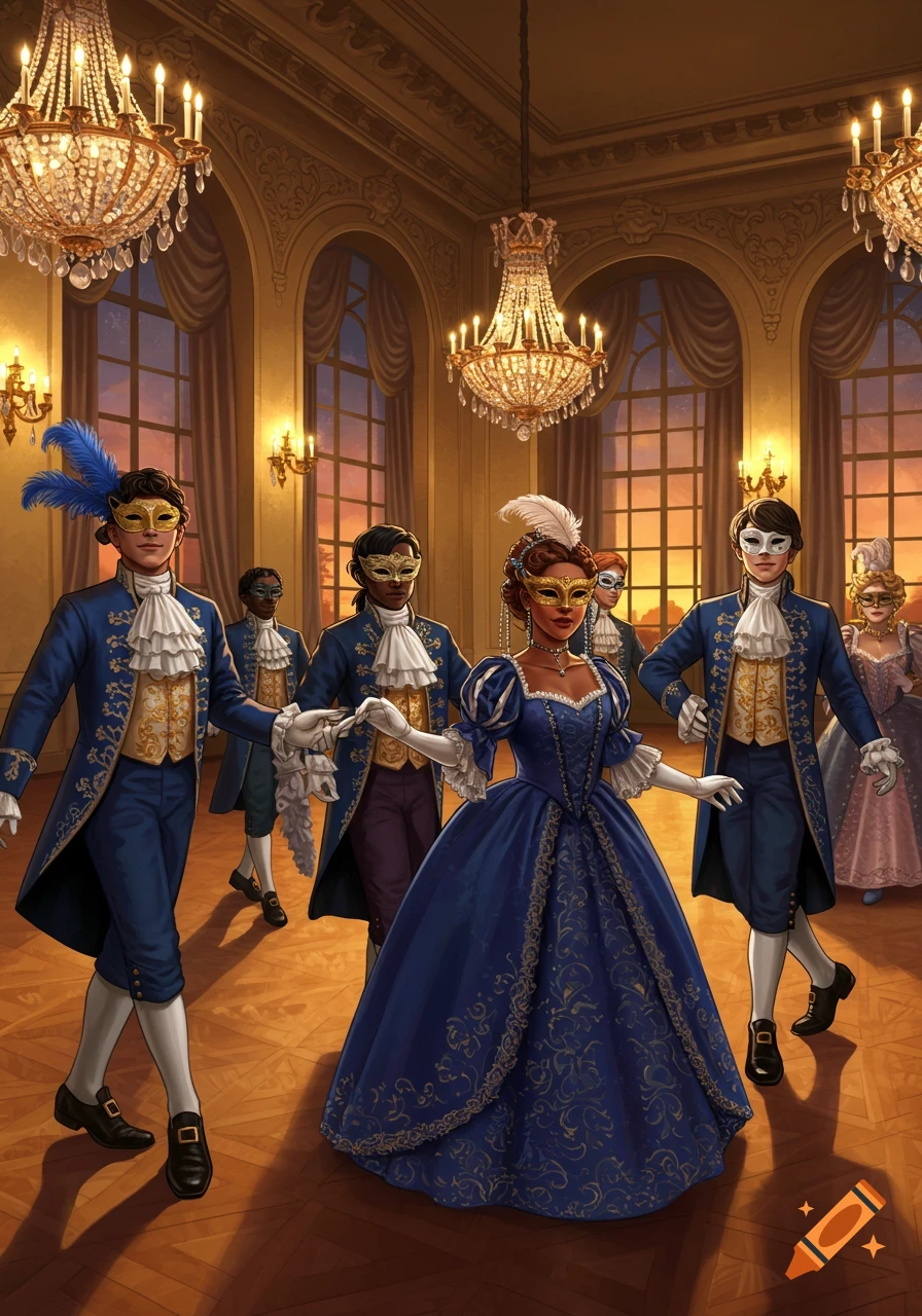 An illustration of masked figures in elaborate blue historical costumes dancing in a grand ballroom with chandeliers at sunset.