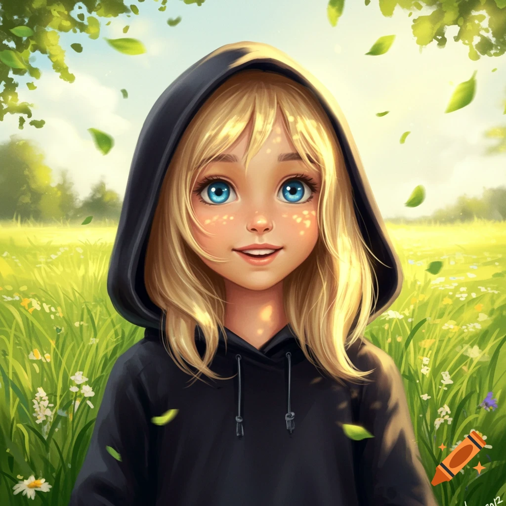 A cute blonde girl with blue eyes wearing a black hoodie stands in a sunny green field with falling leaves, in a vibrant anime style.