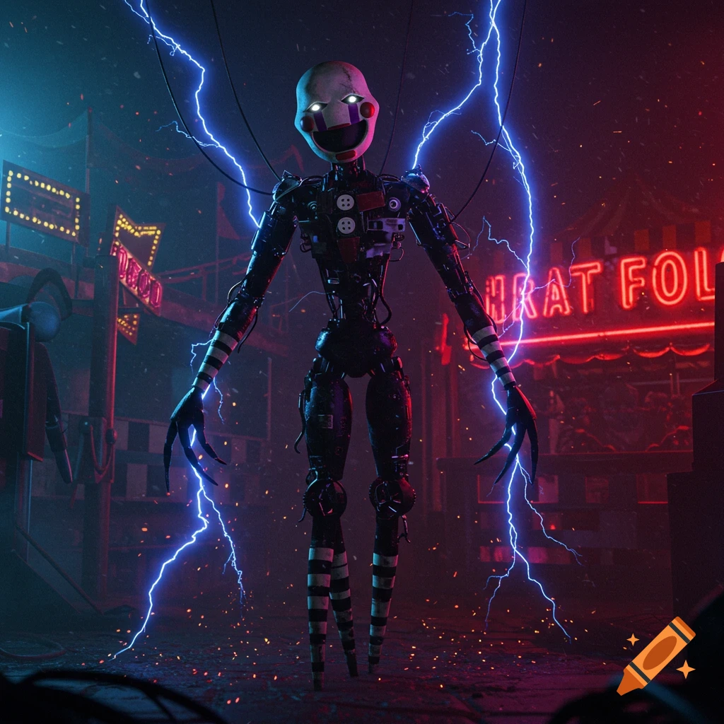 A terrifying robotic puppet, the Marionette from FNAF, stands amidst blue lightning and red neon signs in a dark, urban alley.