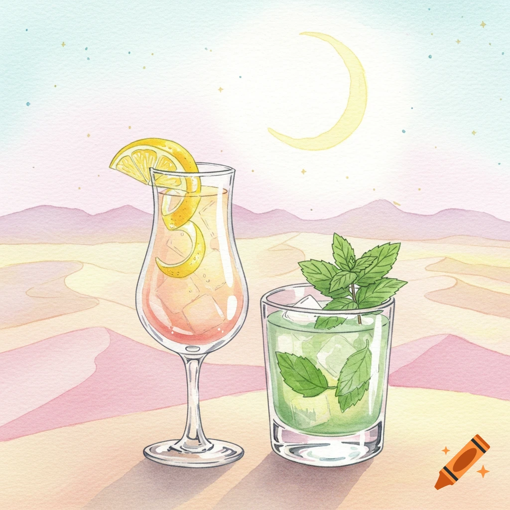 Watercolor illustration of two cocktails, one with lemon and one with mint, in a pastel desert with a crescent moon.