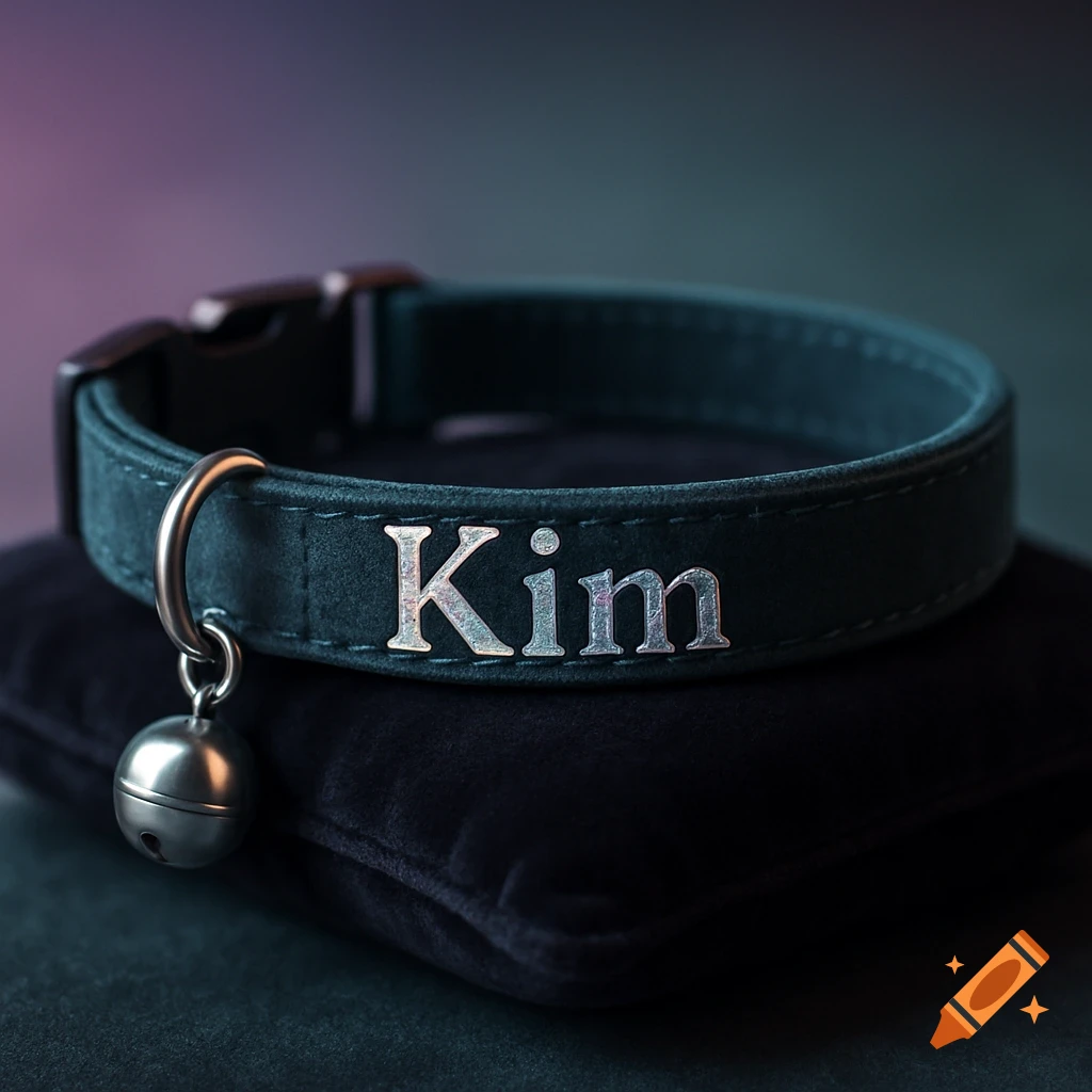 A dark green pet collar with "Kim" engraved on it, featuring a small silver bell, resting on a black velvet cushion.