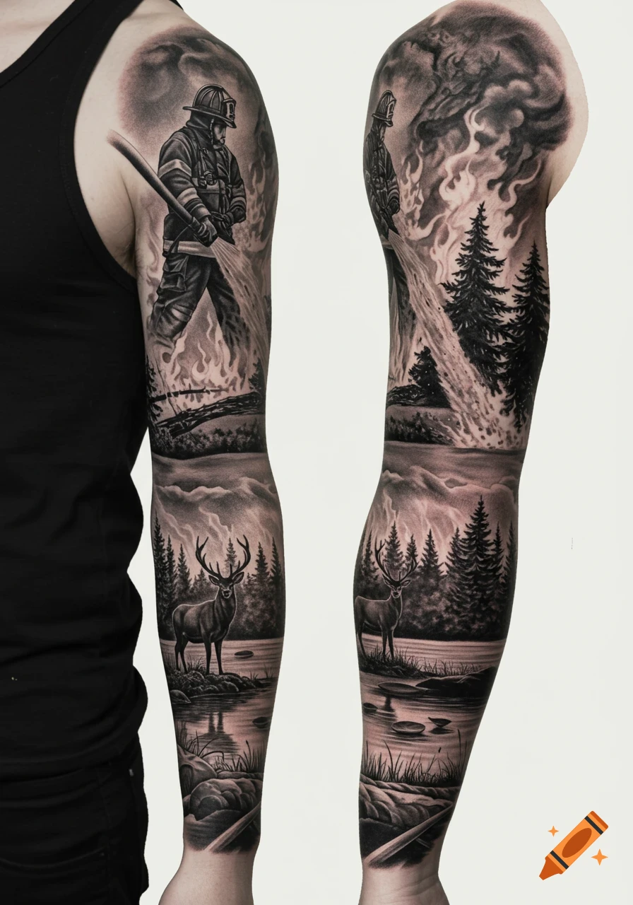 Black and white full sleeve tattoo depicting a firefighter battling a forest fire and a deer in a serene forest by a lake.