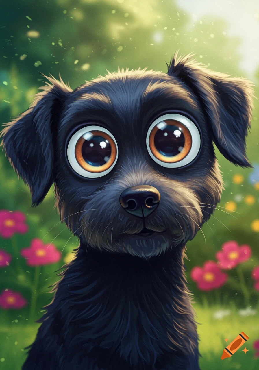 A black dog with large, round cartoon eyes looks forward in a blurry green and pink floral background.