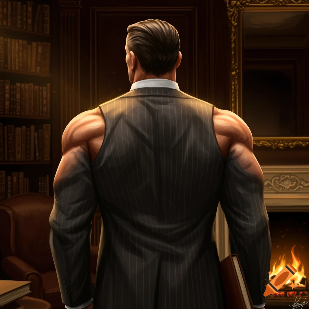 Muscular man in a pinstripe suit, viewed from behind, standing in a dim library with a fireplace.