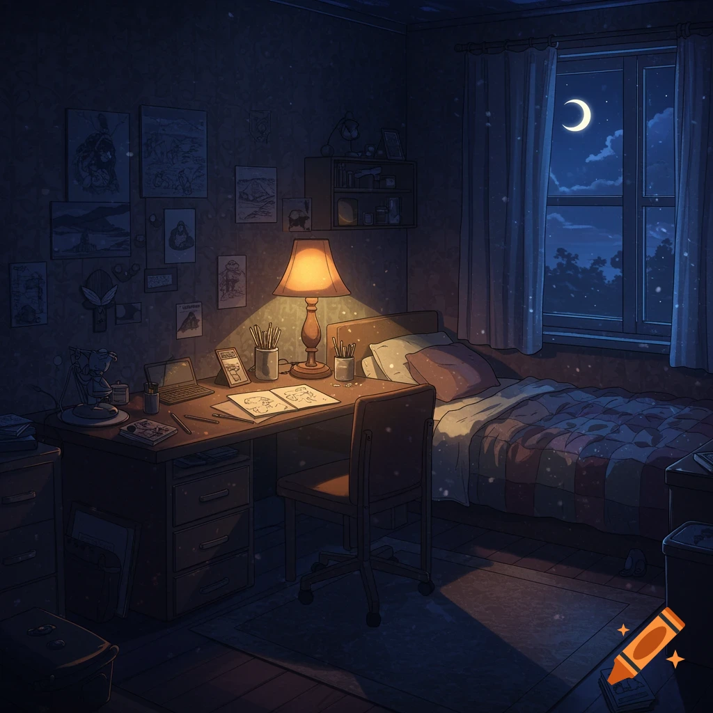 A dark anime-style bedroom at night, lit by a desk lamp, with a bed, desk, chair, and a crescent moon visible outside the window.
