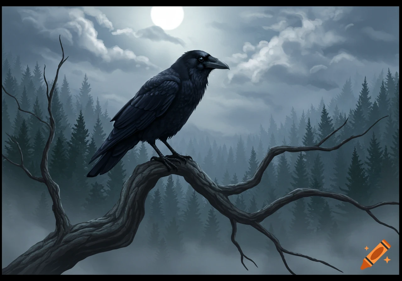 A black raven sits on a gnarled tree branch under a full moon in a ...