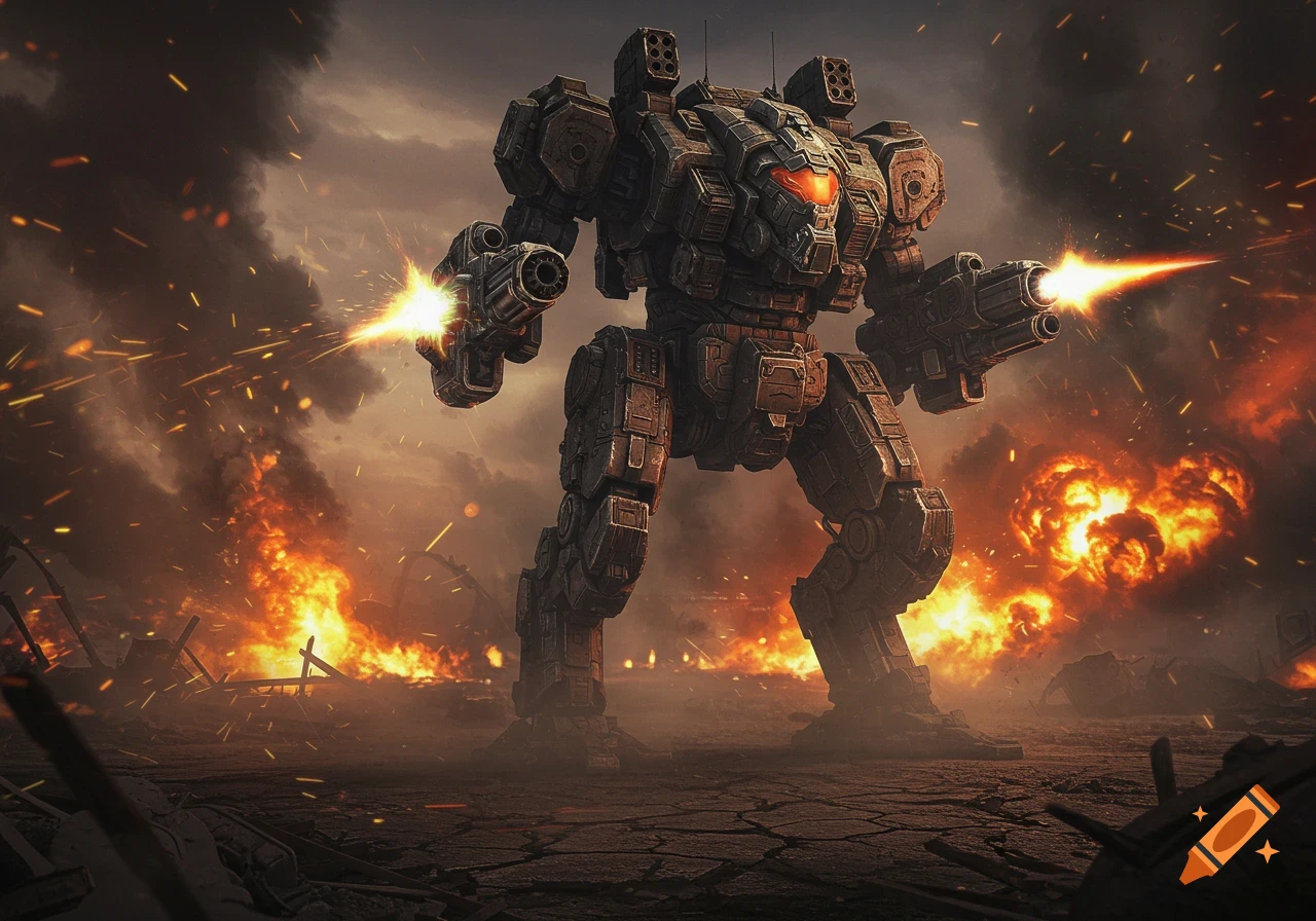 A large, heavily armored mech stands on a smoky, fiery battlefield, firing its weapons with bright muzzle flashes.
