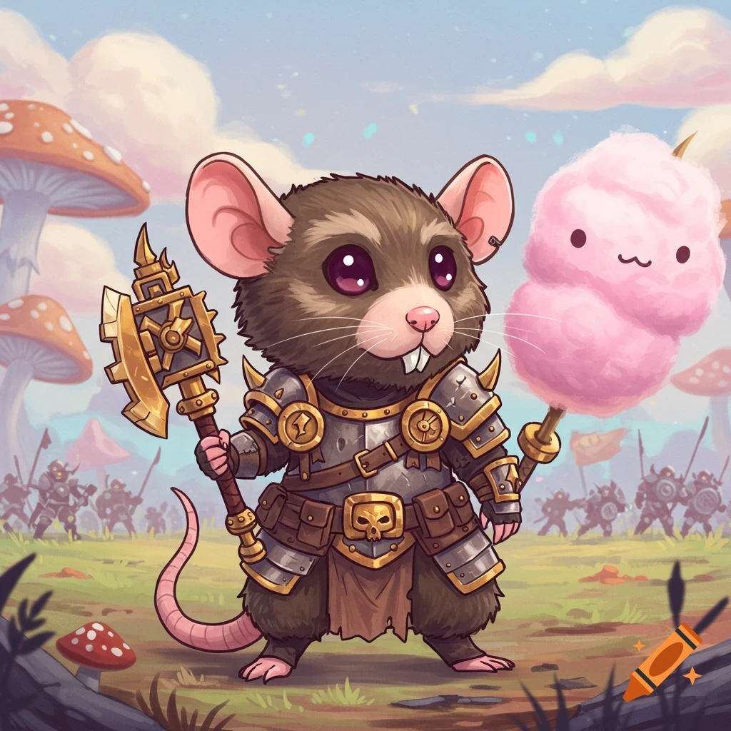 A cute armored rat warrior holds a golden axe and a smiling pink cotton candy creature in a fantasy field with mushrooms.