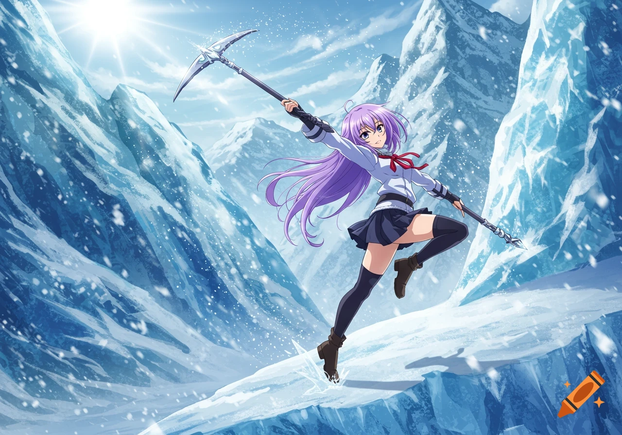 Anime girl with purple hair in a school uniform poses with an ice pick in snowy mountains under a bright sun.