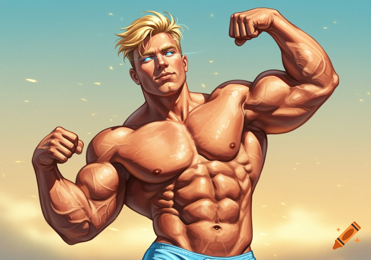 A very muscular blonde man with glowing blue eyes, wearing light blue shorts, flexing his biceps in a stylized illustration.