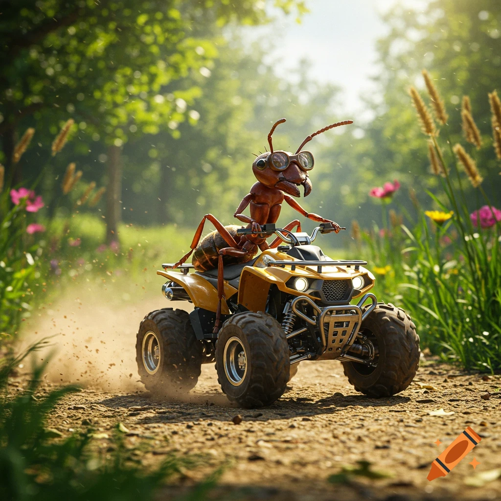 A cartoonish ant with goggles rides a yellow ATV on a dirt path through a sunlit forest, kicking up dust.