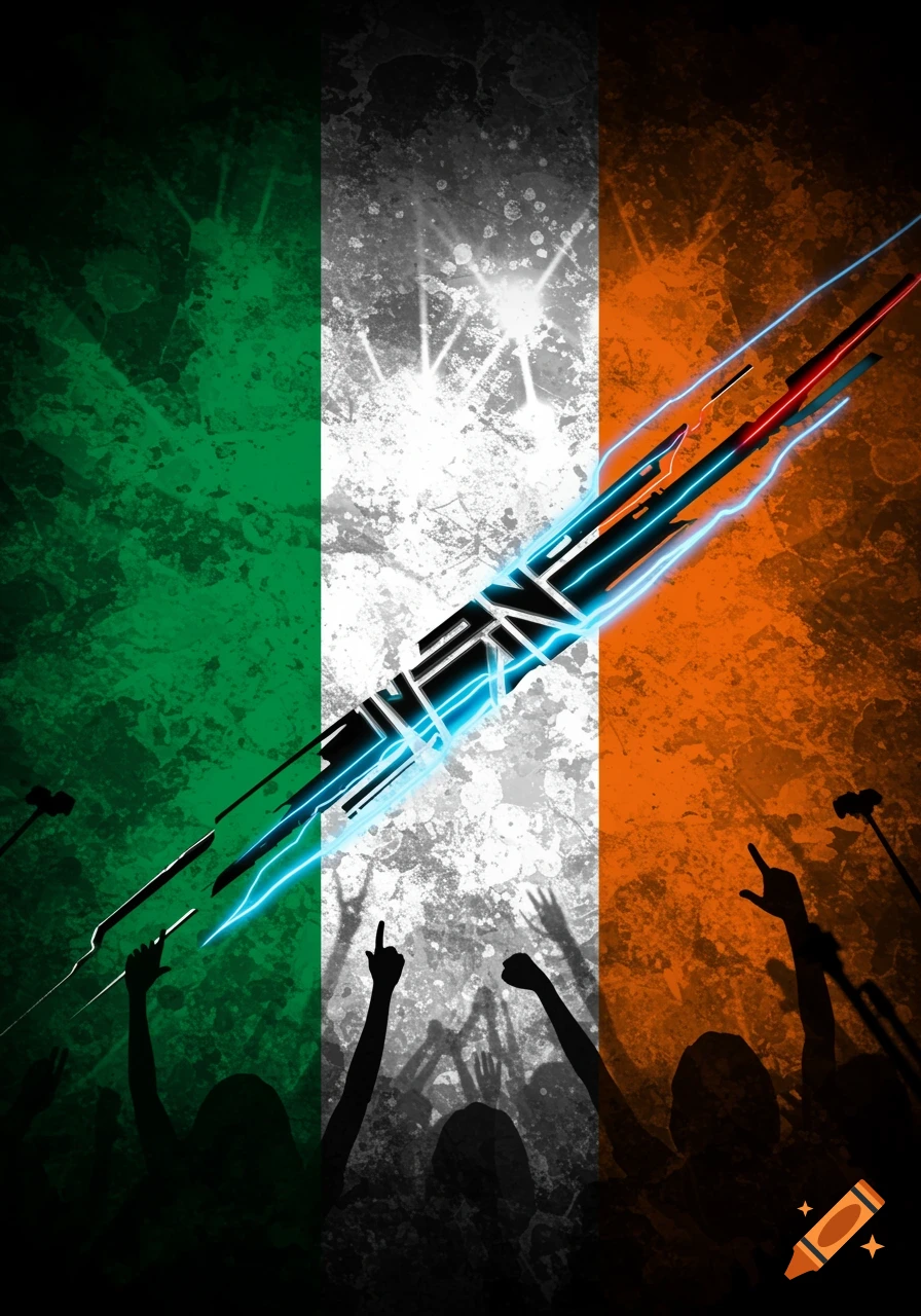 Stylized Irish flag with a central neon abstract design and silhouettes of a cheering crowd below.