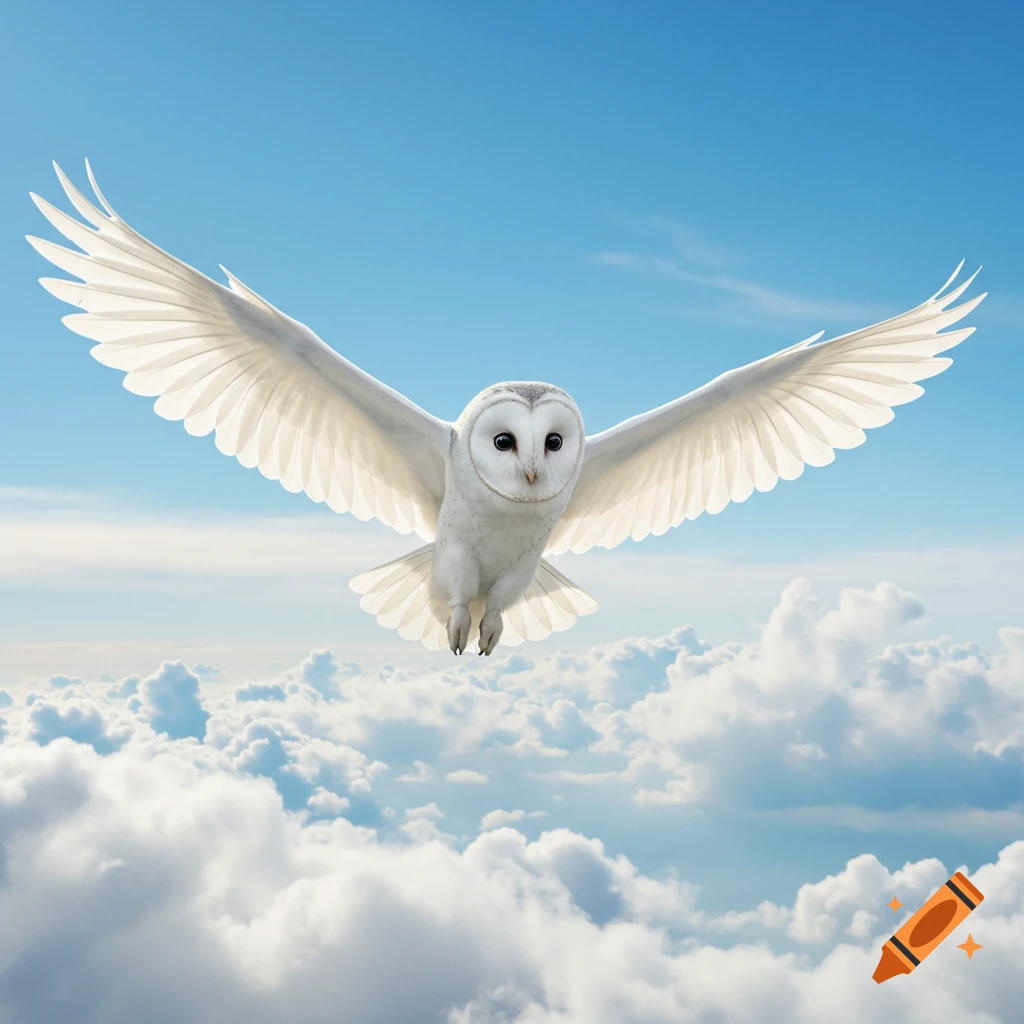 A majestic white owl with large wings spread, soaring gracefully through a bright blue sky filled with fluffy white clouds.