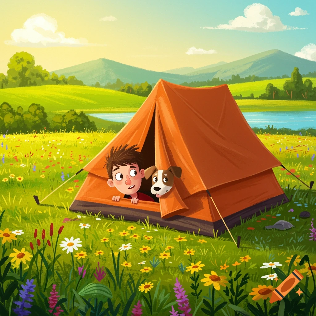 A cartoon boy and a brown and white dog peer out of an orange tent in a vibrant field of wildflowers with mountains and a lake in the background.
