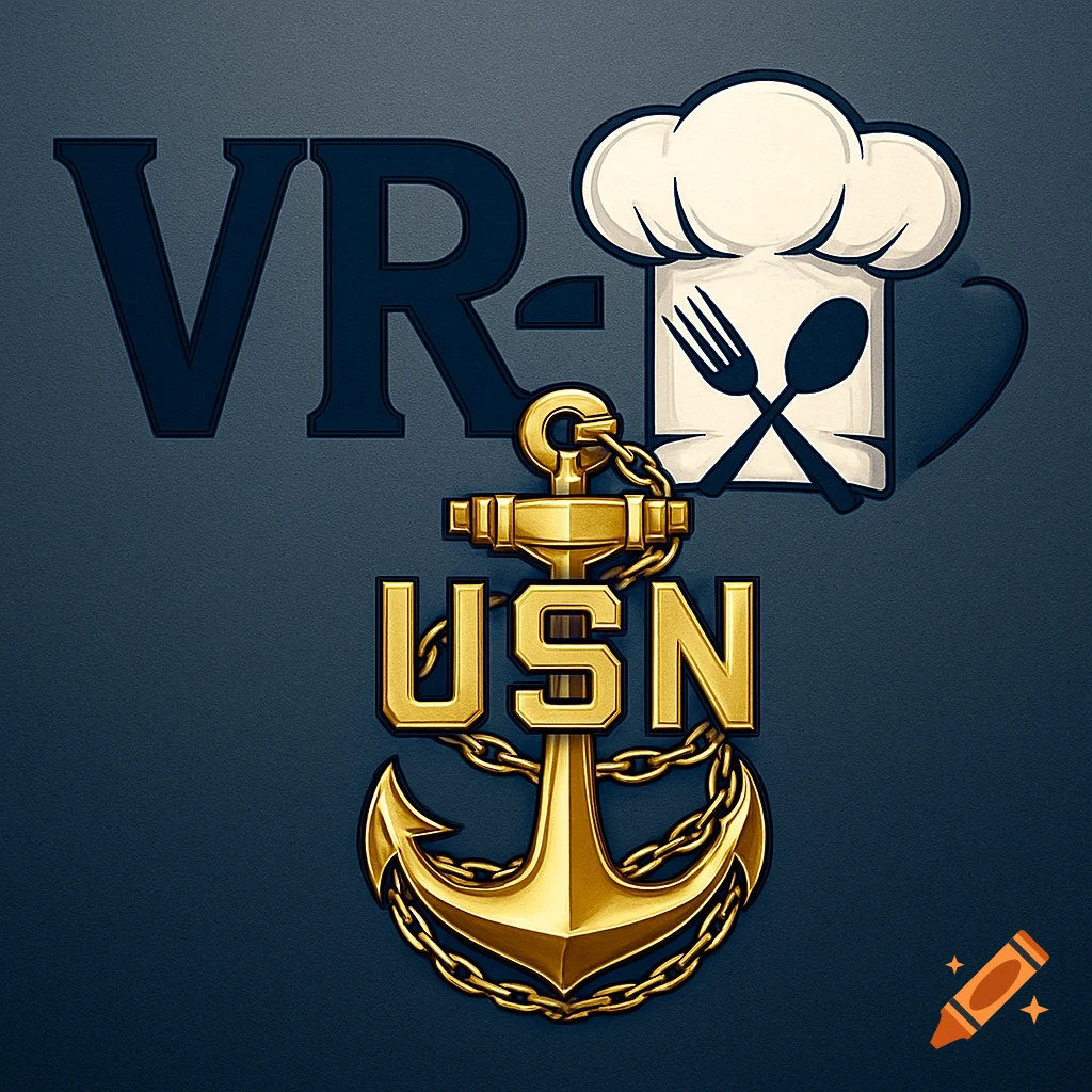 A logo featuring a golden naval anchor with "USN" text, chained, alongside "VR-" text and a chef's hat with a fork and spoon, on a dark blue background.
