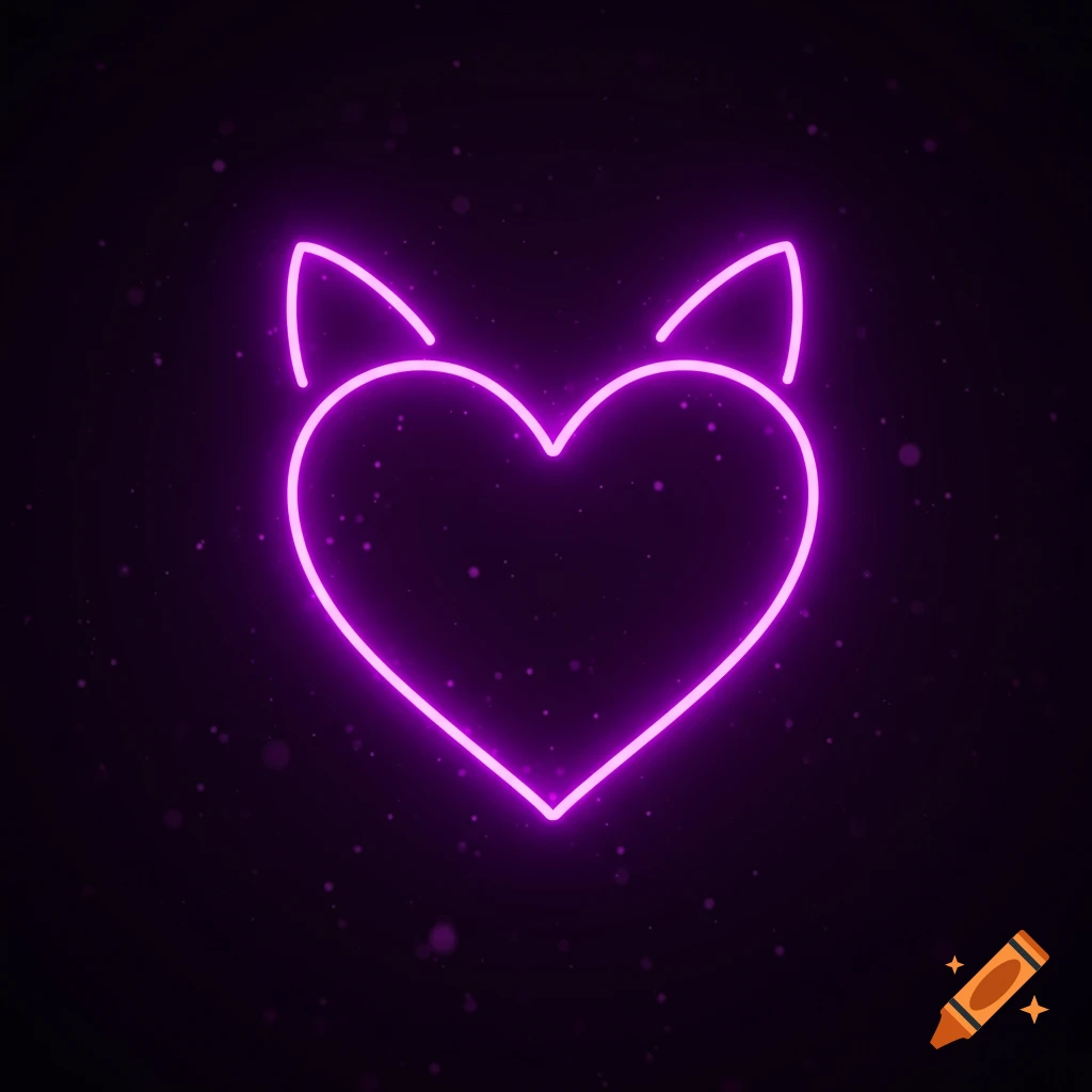A glowing purple neon heart with two cat ears at the top against a dark, speckled background.