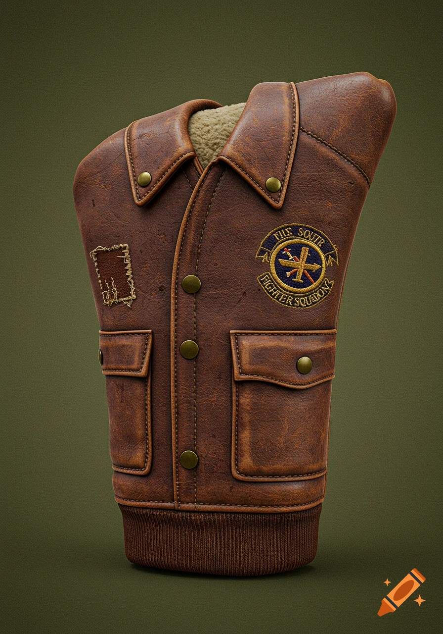 A brown leather golf putter head cover styled as a vintage bomber jacket with a patch.