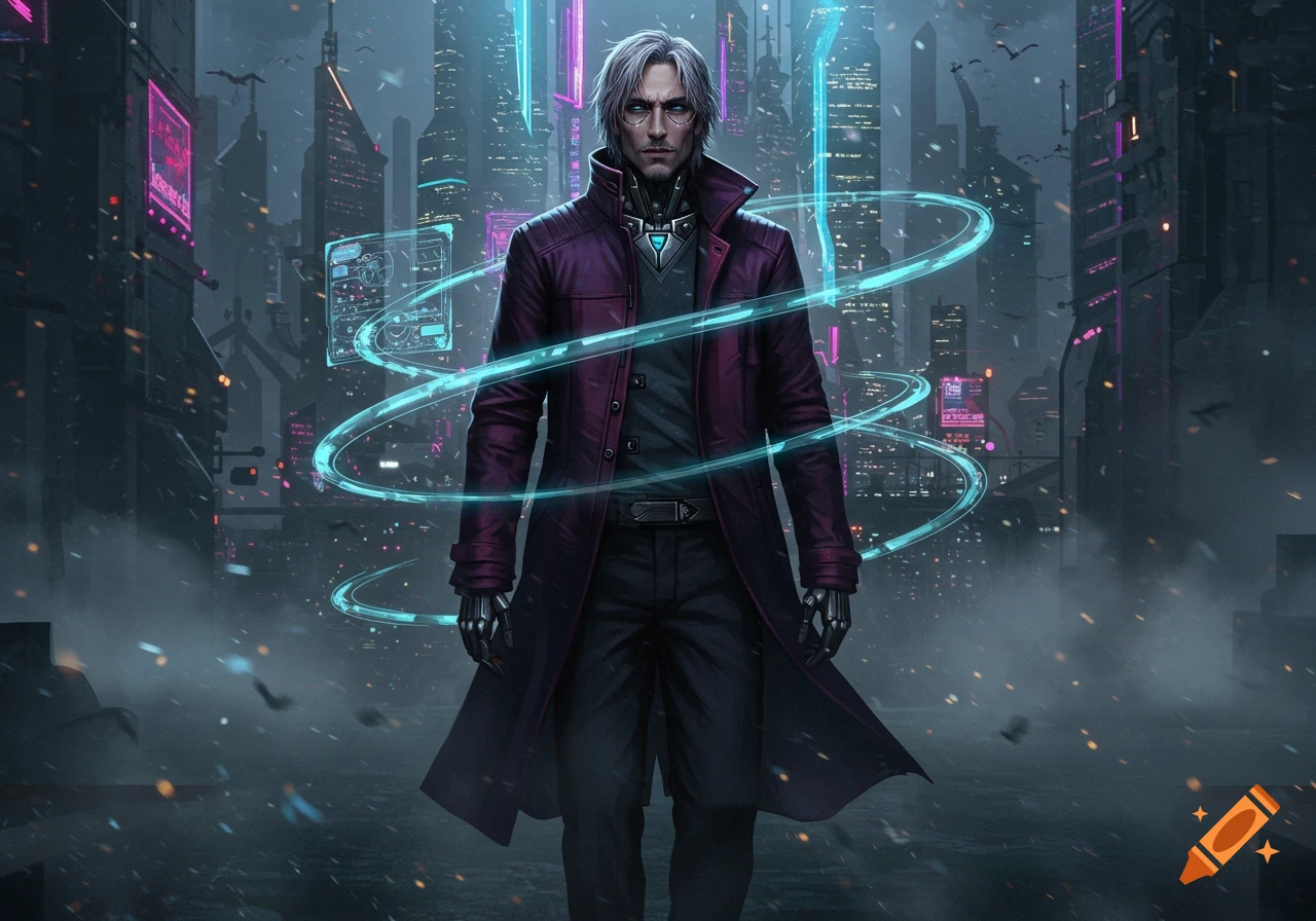A man in a purple trench coat and glasses stands in a futuristic cyberpunk city with glowing blue rings.