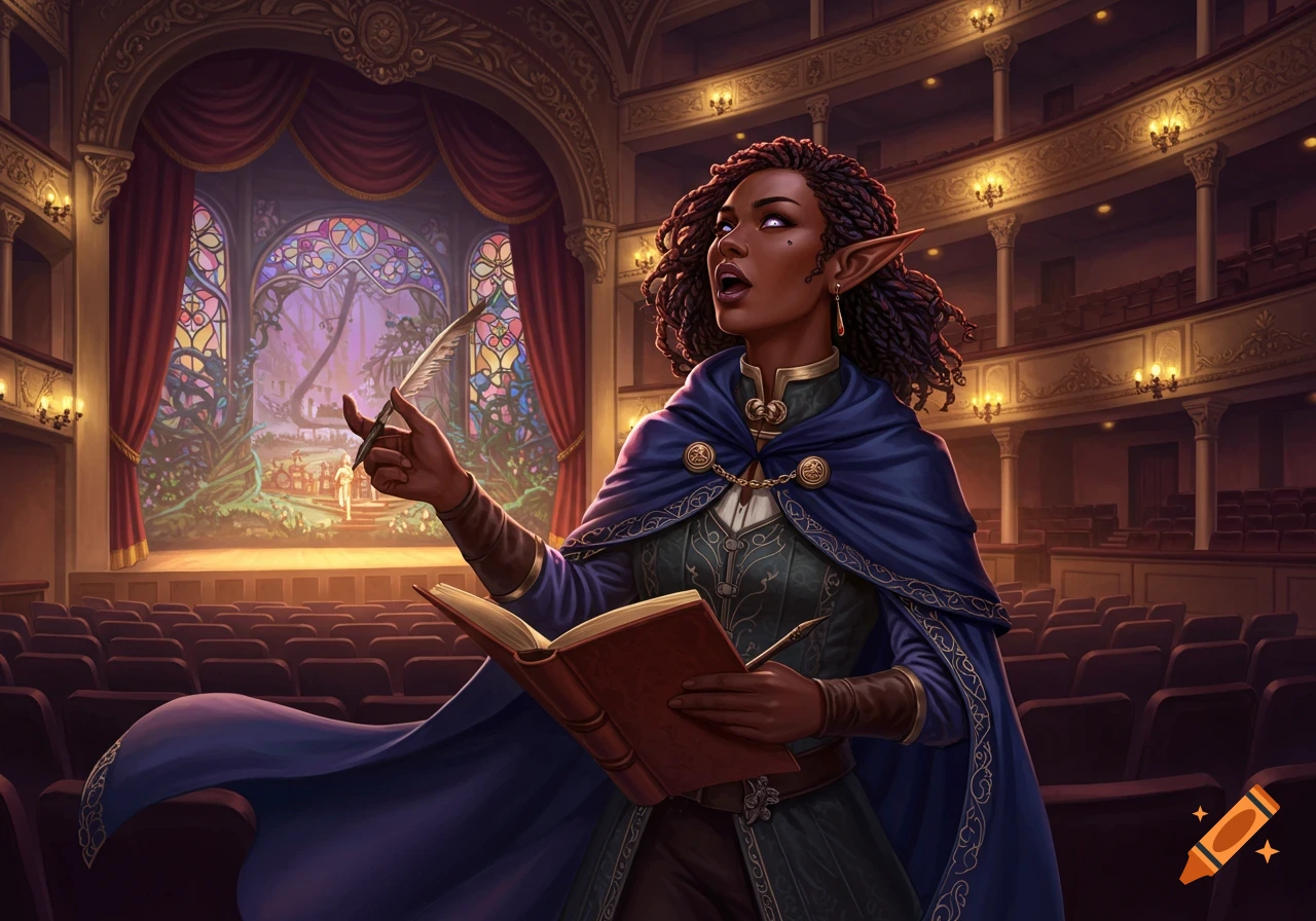A dark-skinned elven woman holding a quill and book, standing on a theater stage with a stained-glass backdrop.