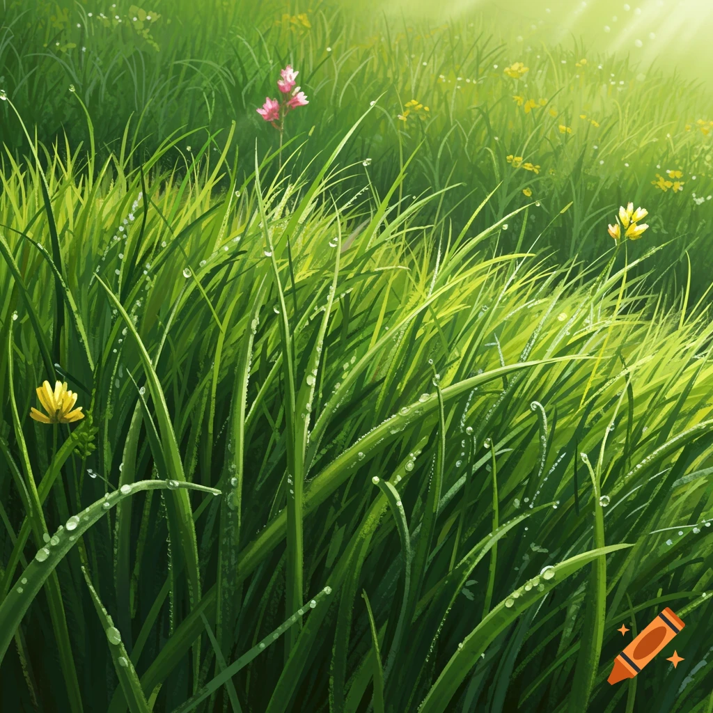 Close-up, illustrative view of vibrant green grass with dew drops and scattered pink and yellow flowers under sunlight.