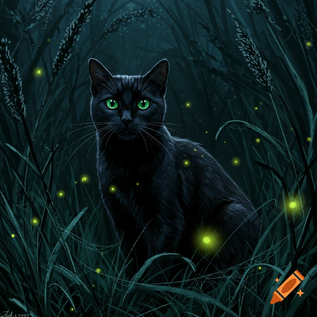 A black cat with glowing green eyes sits in tall, dark grass among twinkling yellow fireflies at night.