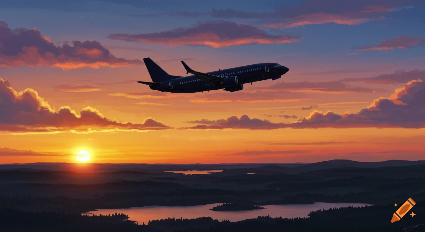 A dark airplane flies across a vibrant orange and purple sunset sky over a vast, dark forest landscape with lakes.