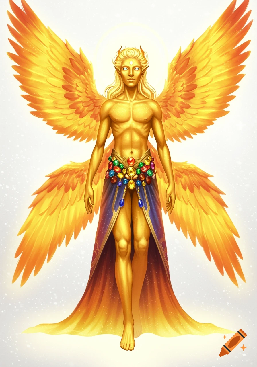 A golden-skinned, winged humanoid with long golden hair and glowing eyes, adorned with colorful jewels on a blue and purple robe, stands in a white void.