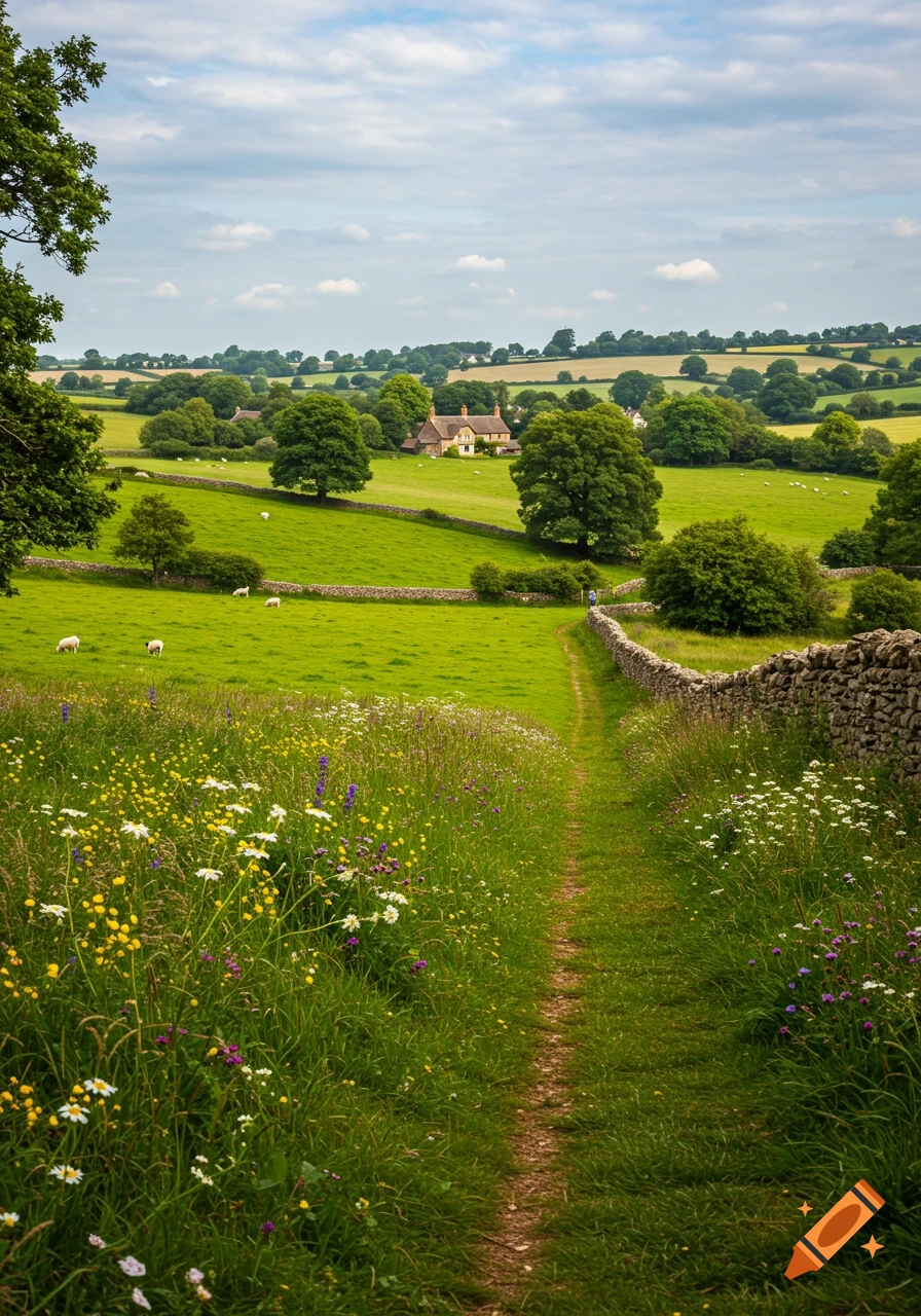 A narrow dirt path winds through vibrant green fields with wildflowers, bordered by stone walls and trees, leading to a distant farmhouse under a partly cloudy sky.