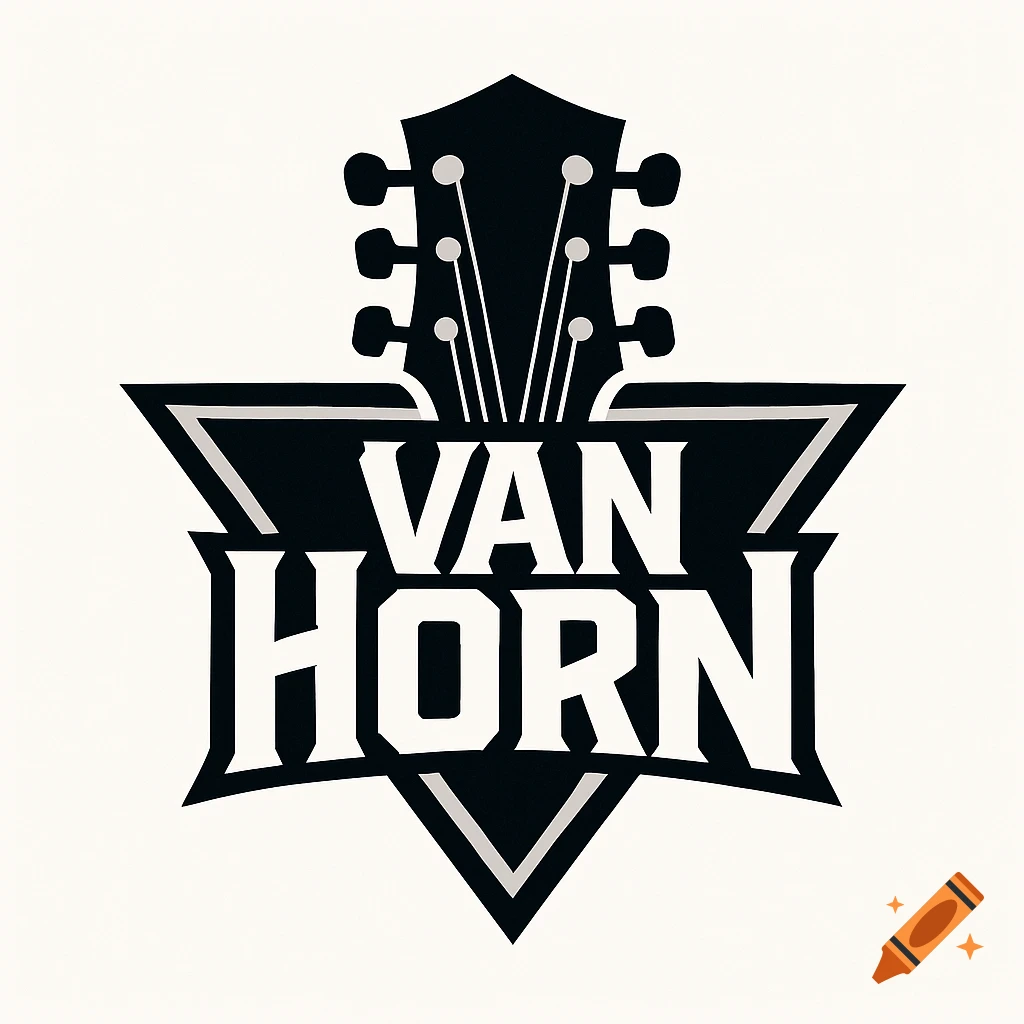 A black and white graphic logo featuring a guitar headstock above the words "VAN HORN" in a bold, stylized font.