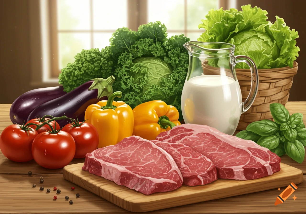 Vibrant still life of fresh vegetables, a pitcher of milk, and raw steaks on a wooden cutting board.