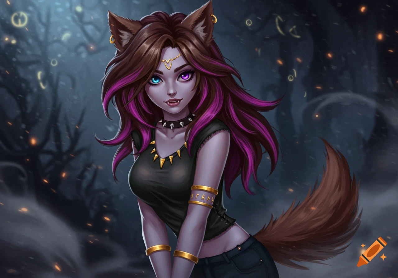 A digital art portrait of a purple-skinned monster girl with wolf ears, fangs, and brown and purple hair, wearing a black t-shirt and golden jewelry, set against a dark, mystical forest background.