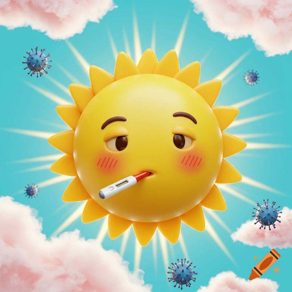 A 3D rendering of a sick yellow sun emoji with a thermometer in its mouth, surrounded by virus particles and pink clouds in a blue sky.