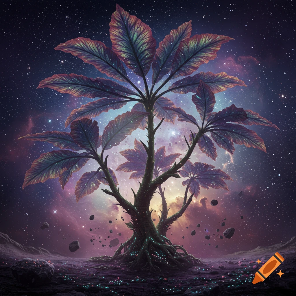 A vibrant, alien-like plant with large, colorful leaves on a rocky ground under a starry, nebula-filled night sky.