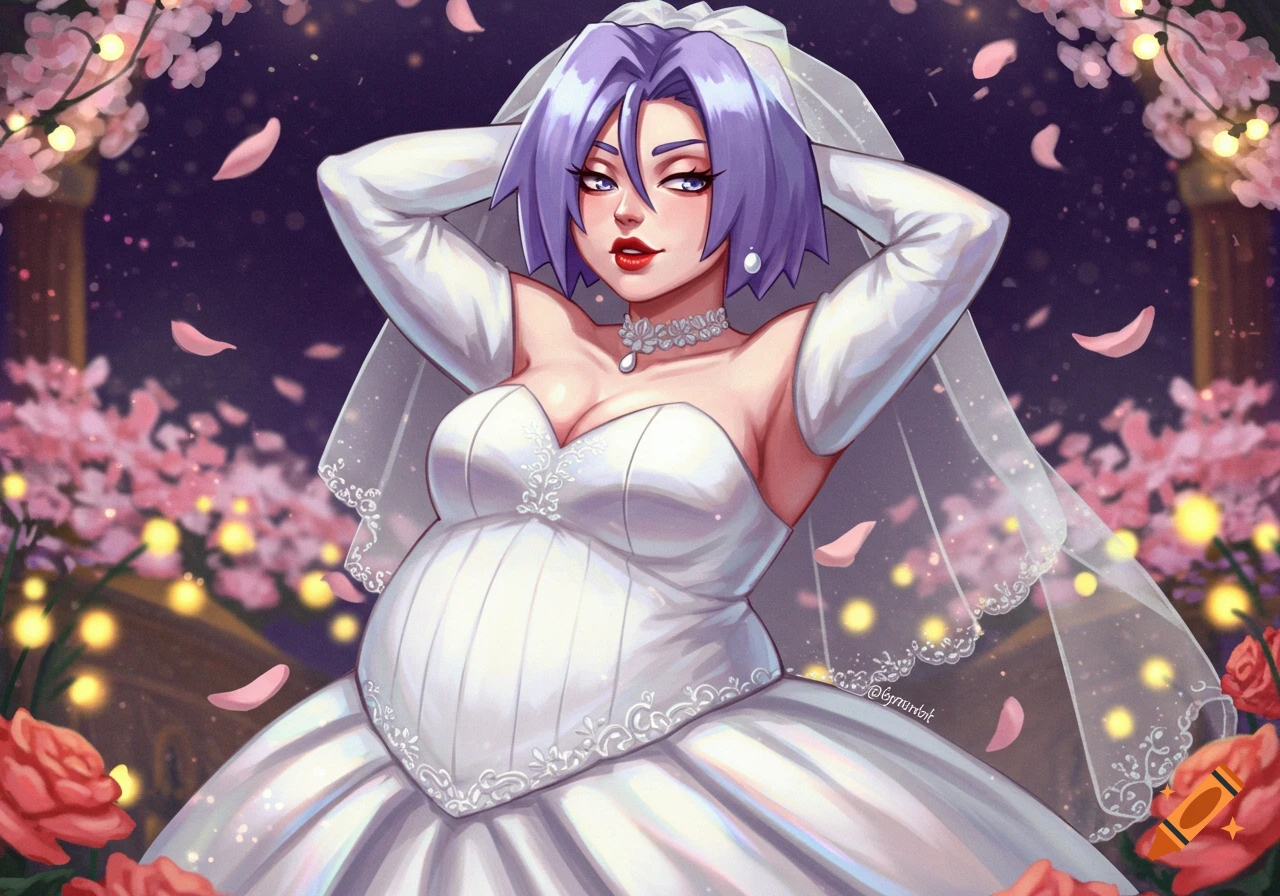 Animated rendition of James from Team Rocket in a white wedding gown and veil, with a prominent belly, posing under cherry blossoms at night.