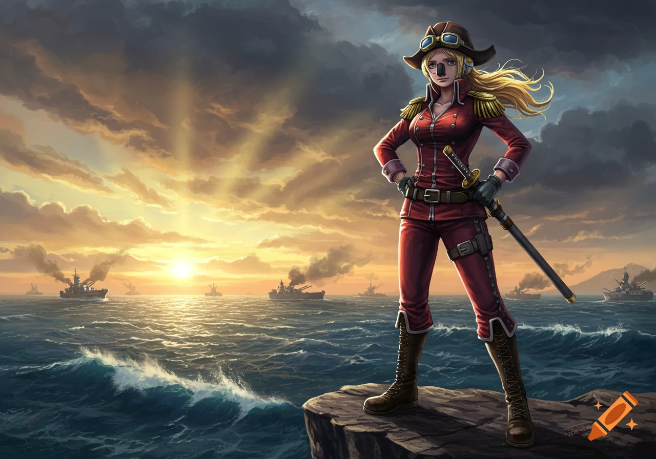 A blonde anime woman in a red military uniform stands on a cliff, sword at her hip, overlooking battleships at sunset.
