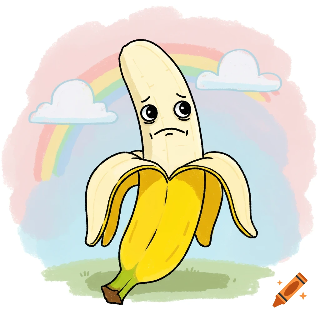 A sad, half-peeled cartoon banana stands in a grassy field under a rainbow.