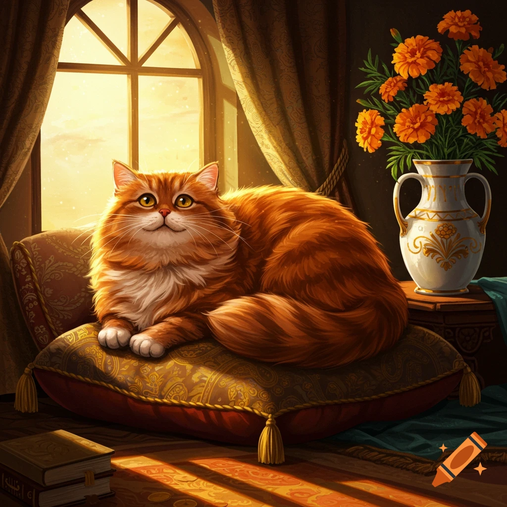 A fluffy orange cat sits on an ornate pillow in a sunlit room by a window, with a vase of orange flowers nearby.