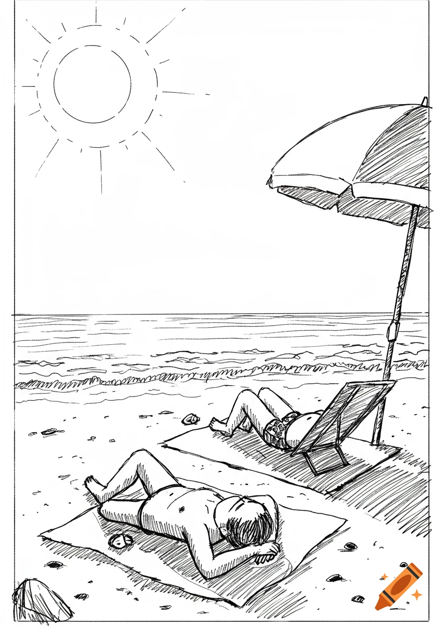 Two people sunbathing on a beach under a sun umbrella in a black and white sketchy art style.