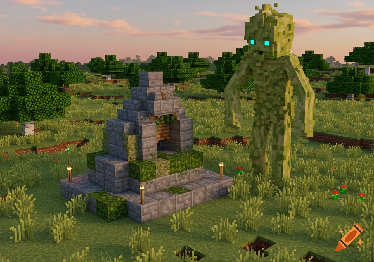 A large, blocky green creature with glowing blue eyes stands next to a mossy cobblestone shrine in a grassy Minecraft plain at sunset.
