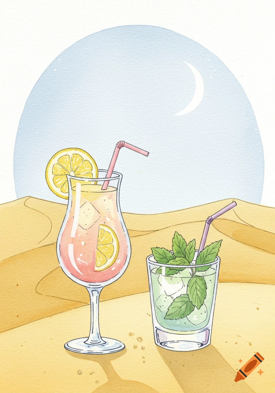 Two watercolor cocktails, one tall with lemon and one short with mint, in a desert under a crescent moon.