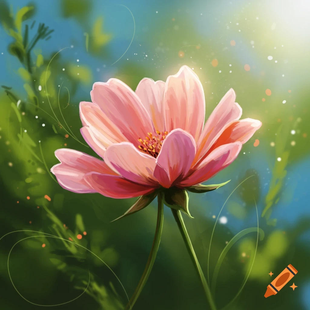 A single pink flower with a yellow center, against a blurred green and blue background, in a painterly style.