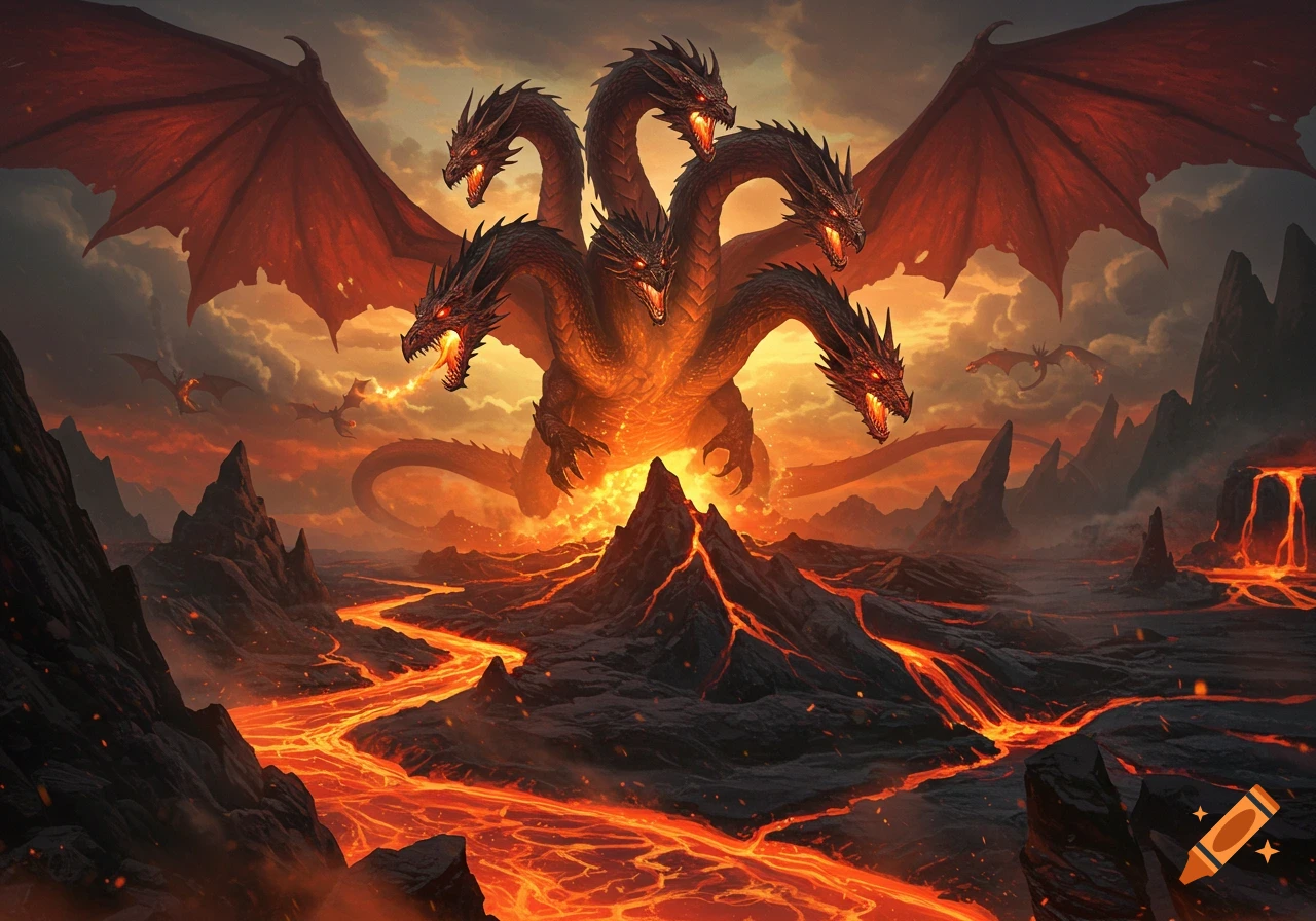 A majestic seven-headed dragon with red wings roars over a fiery volcanic landscape with glowing lava rivers under an orange sky.