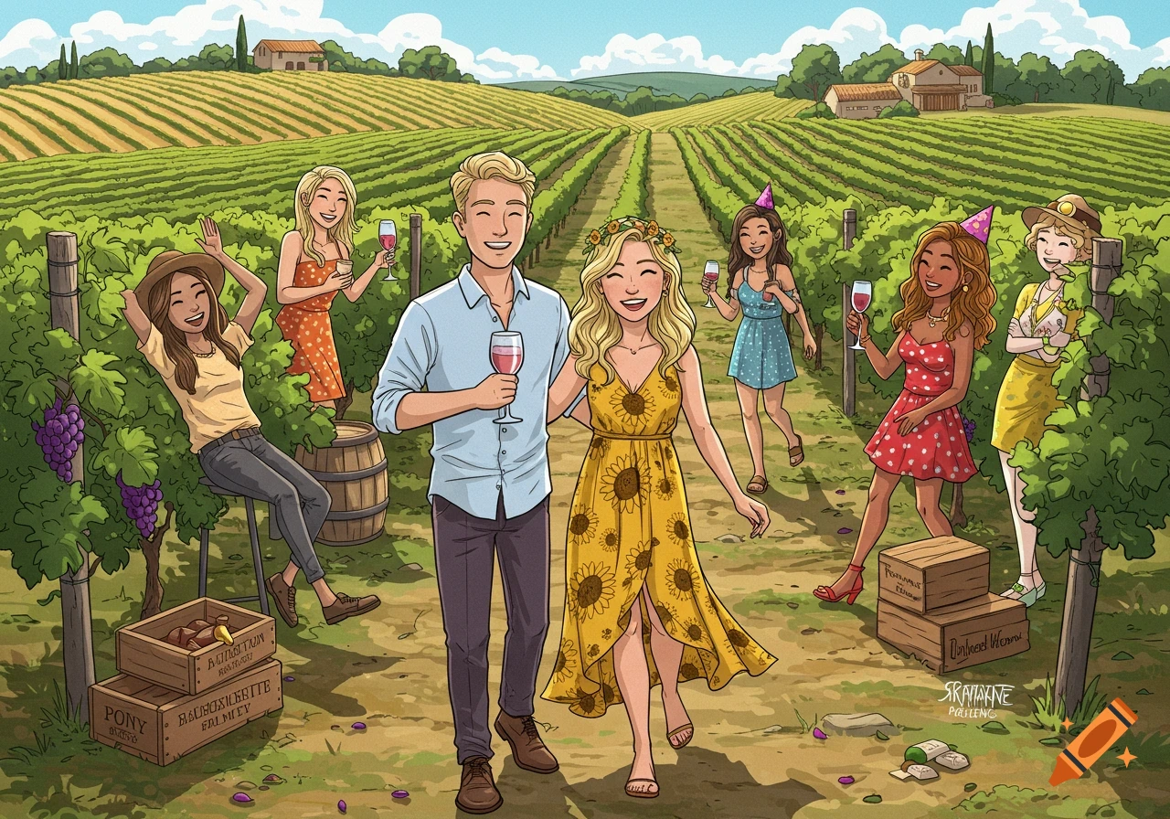 A cartoon illustration of a blonde couple walking arm-in-arm through a sunny vineyard, surrounded by their smiling friends holding wine glasses.