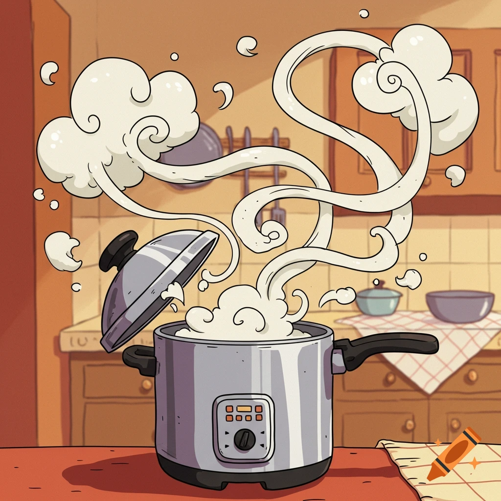 A cartoon image of a pressure cooker with its lid ajar, releasing a large amount of steam into a kitchen.