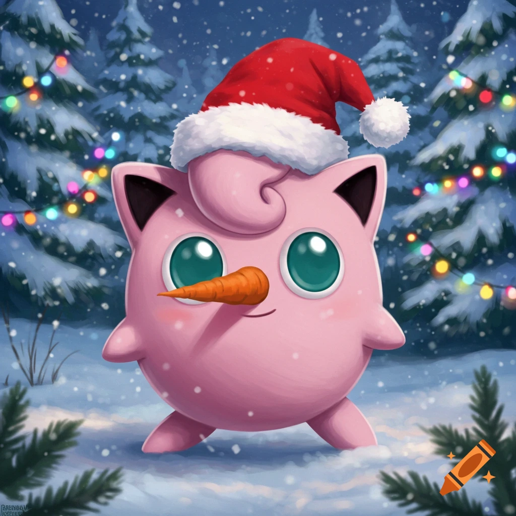 A pink Jigglypuff wearing a red Santa hat and a carrot nose stands in a snowy forest with twinkling Christmas trees.