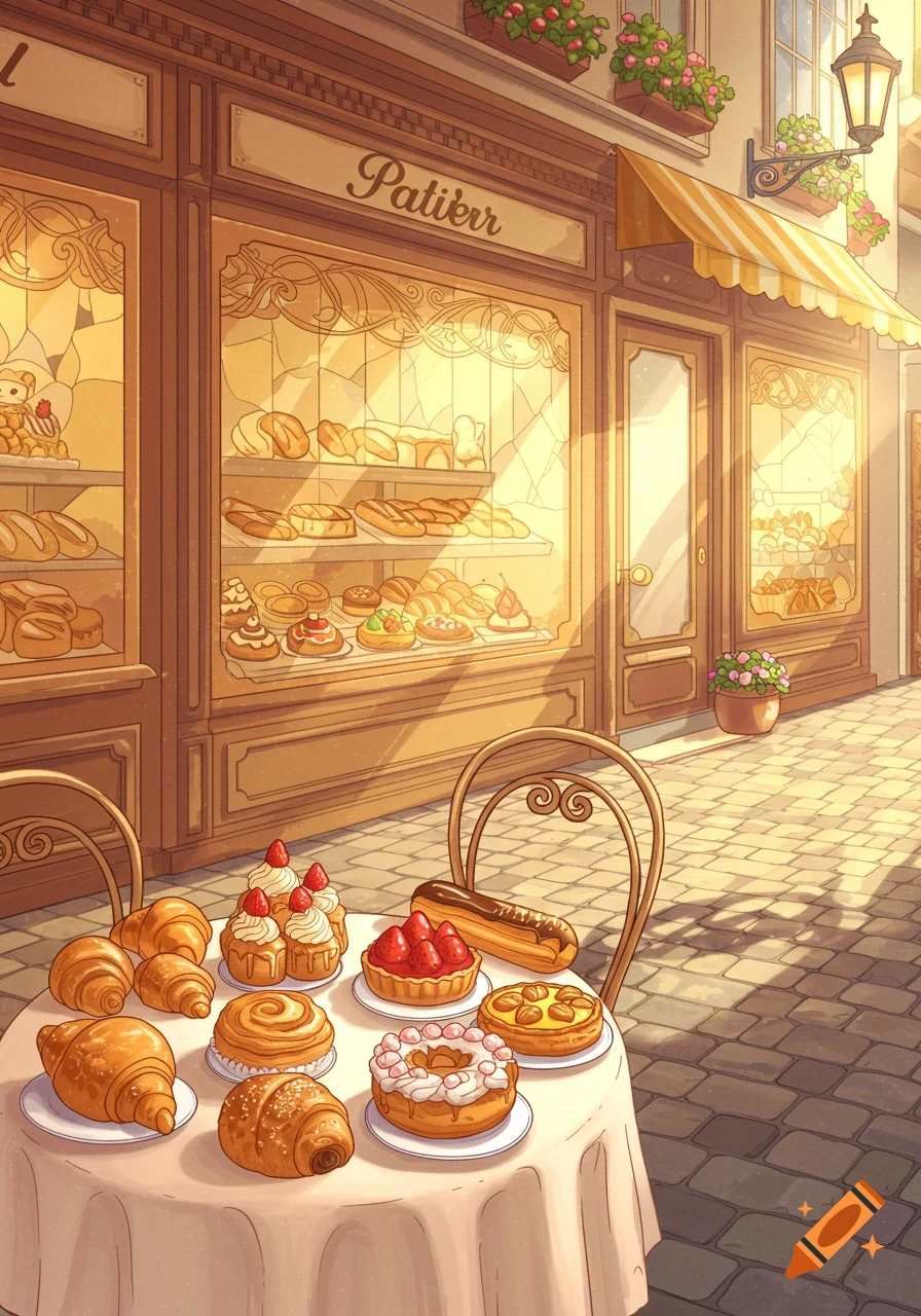 A charming illustration of a French patisserie with a table full of pastries outside in the sunlight.